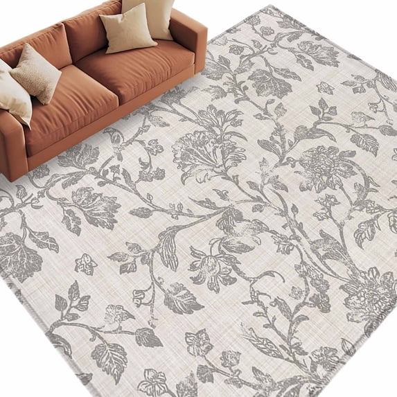 Farmhouse Flower Large Area Rugs for Bedroom Living Room, Soft Non Slip Carpet Bedside Rug, Botanical Vintage Grey Leaf Plant Rectangular Floor Cover Kitchen Accent Rug 5'x8' for Dining Room/Office