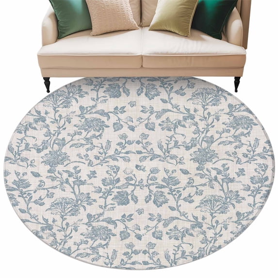 Farmhouse Flower Large Area Rugs for Bedroom Living Room, Soft Non Slip Carpet Bedside Rug, Botanical Vintage Light Blue Leaf Round Floor Cover Kitchen Accent Rug 8' for Dining Room/Office