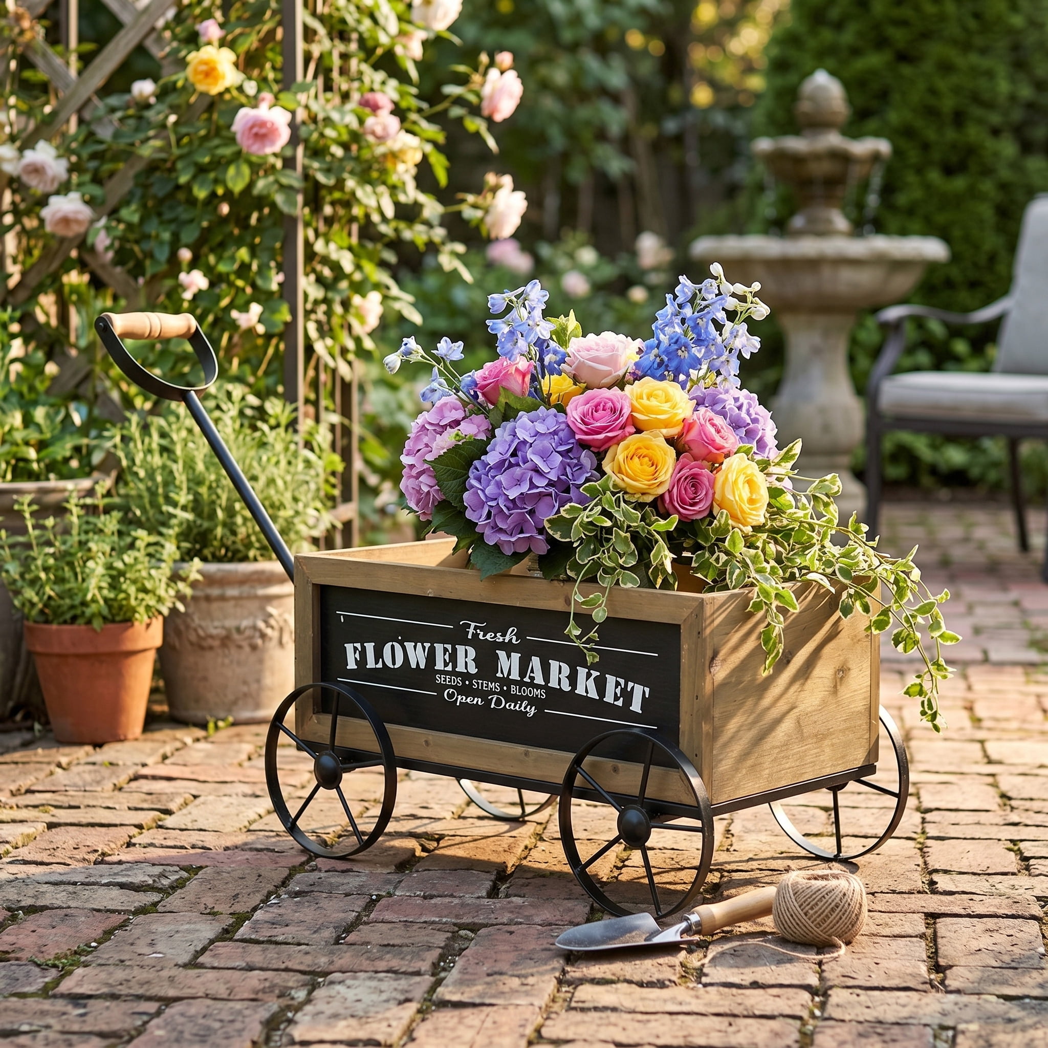 Farmhouse Flower Market Wagon Planter 16.5x9.5x8 Inch Black Metal Wheels for Tabletop Kitchen Counter