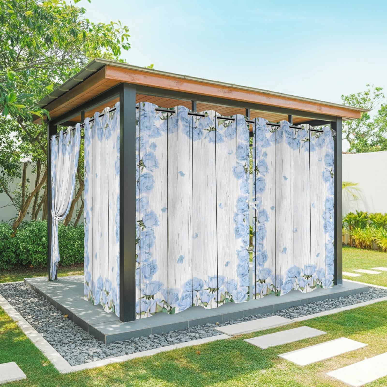 Farmhouse Flower Outdoor Curtains for Patio, Blue Rose Wreath Rustic Country White Wood Grain Sunshade Privacy Drapes Grommet Waterproof Outside Curtains for Porch/Cabana/Balcony 54"x 108", 1 Panel