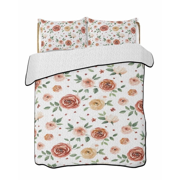 Farmhouse Flower Quilts Bedding Set California King Orange Floral Leaf Country Simple Texture Lightweight Quilted Bedspread 3 Piece Bed Quilt with 2 Pillow Shams All Season for Bedroom 96" x 106"