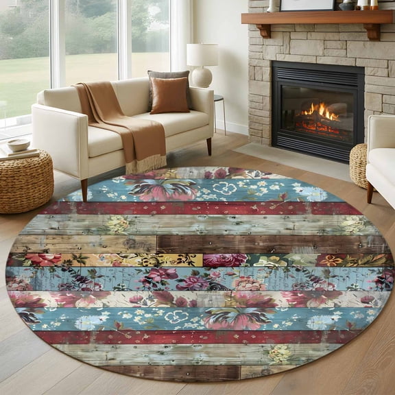 Farmhouse Flower Round Rugs for Living Room 5ft Rustic Fall Flower Floral Wooden Non Slip Circle Rug Washable Low-Profile Indoor Carpet for Bedroom, Dining Room, Bathroom