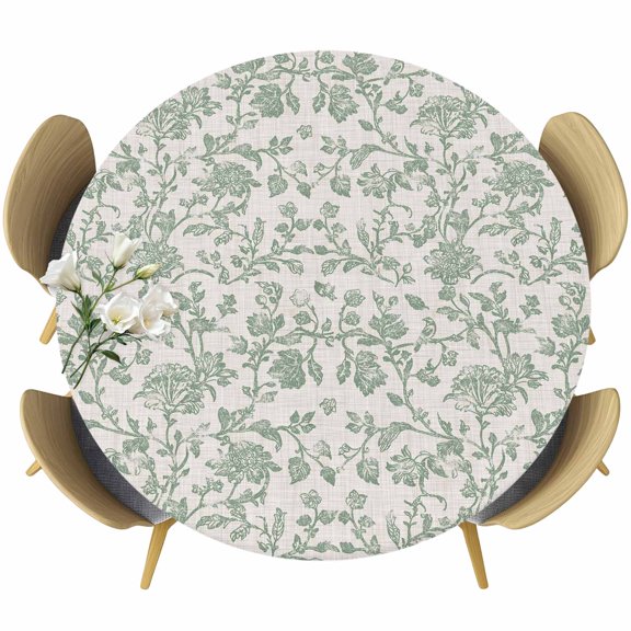 Farmhouse Flower Round Tablecloth 36-44 Inch Round Fitted Table Cloth with Elastic Edge, Botanical Vintage Fruit Green Leaf Waterproof Table Cover Protector for Outdoor Picnic Party Dining