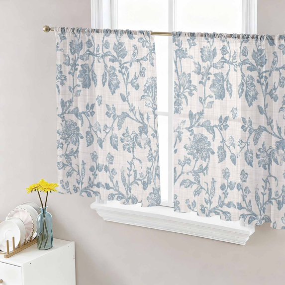 Farmhouse Flower Semi Sheer Curtains 54 Inch Length 2 Panels Set, Botanical Vintage Light Blue Leaf Sheer Kitchen Curtain Privacy Voile Window Curtain for Living Room Bedroom Rod Pocket Drapes