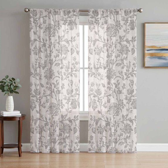 Farmhouse Flower Semi Sheer Curtains 72 Inch Length 2 Panels Set, Botanical Vintage Grey Leaf Plant Sheer Kitchen Curtain Privacy Voile Window Curtain for Living Room Bedroom Rod Pocket Drapes