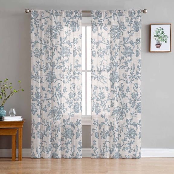 Farmhouse Flower Sheer Curtains 72 Inch Length 2 Panels Set for Living Room/Bedroom, Botanical Vintage Light Blue Leaf Semi Curtain Sheers Drapes Rod Pocket Curtains Window Treatment Set 52''x72''x2