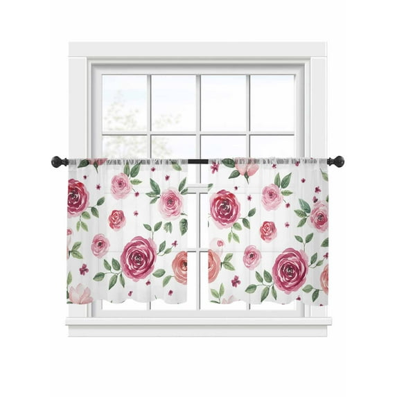 Farmhouse Flower Sheer Curtains for Living Room Bedroom, Light-filtering Sheer Curtain, Country Rose Red Floral Leaf Texture Light-Rod Pocket Voile Window Treatment Drapes, 52’’Wx45’’L, 2 Panels Set