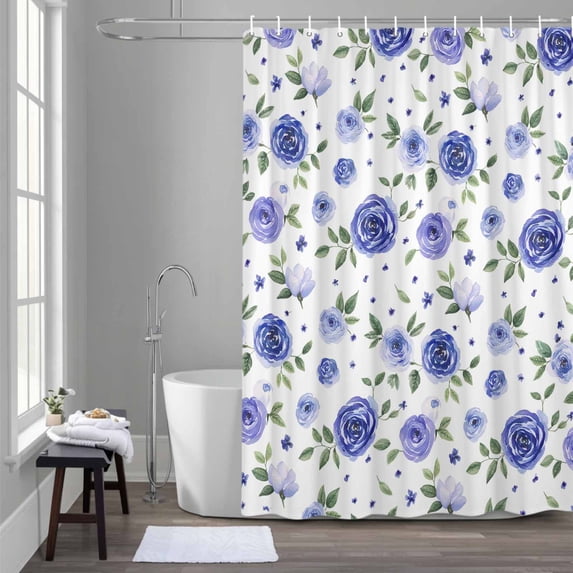 Farmhouse Flower Shower Curtain for Bathroom Decor, Blue Floral Leaf Country Simple Texture Waterproof Fabric Shower Curtain, 54"x78" Set with 12 Hooks