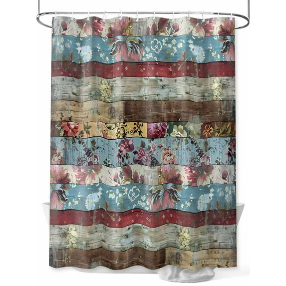 Farmhouse Flower Shower Curtain, Rustic Fall Flower Floral Wooden Waterproof Shower Curtain Set with 12 Hooks Lightweight Washable Fabric Shower Curtains for Bathroom 48x72 Inches