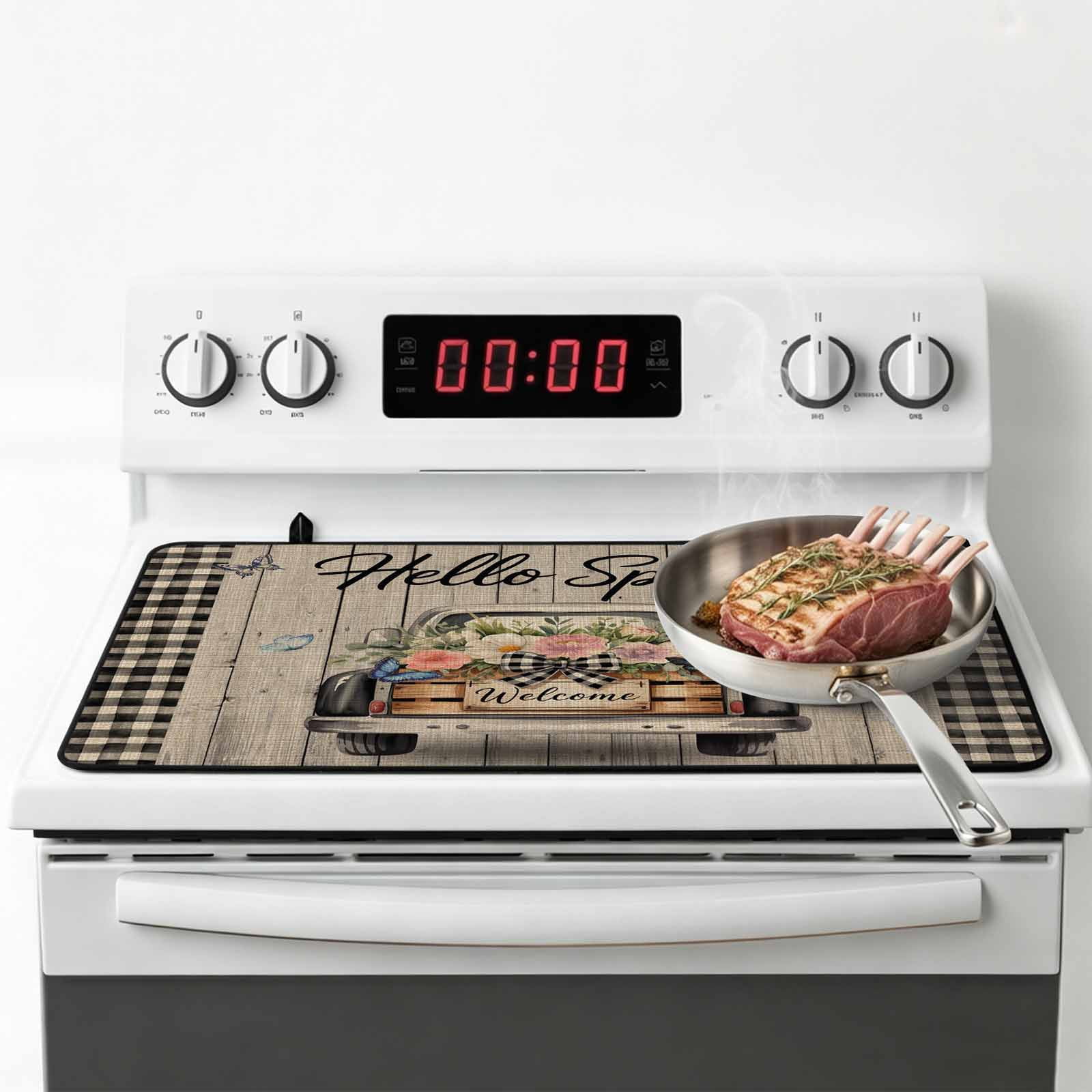 Farmhouse Flower Stove Top Cover for Electric Stove, Heat-proof & Non Slip Glass Top Stove Cover Protector, Spring Vintage Truck Black Plaid Wood Grain Kitchen Flat Cooktop Rubber Mat 24x21 Inches