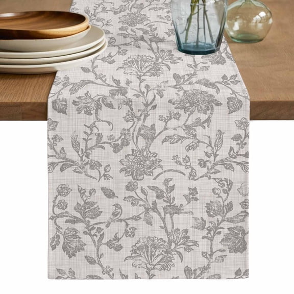 Farmhouse Flower Table Runner, Botanical Vintage Grey Leaf Plant Washable Cotton Linen Table Runners 48 Inches Long, Dresser Scarf Runner for Nightstand/Coffee/End Tables 13''x48''