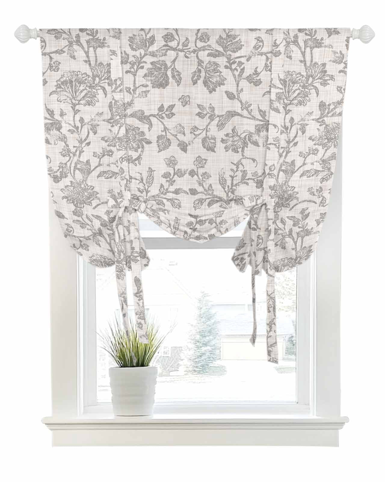 Farmhouse Flower Tie Up Curtains for Window, Thermal Insulated Balloon Shade Adjustable Rod Pocket Curtains Valance Panels for Kitchen Bathroom Cafe 52 x 45 Botanical Vintage Grey Leaf Plant