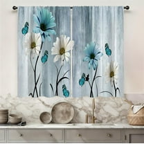 Farmhouse Flower Vintage Kitchen Curtains 27.5W X 39L Inch 2 Panel Rod Pocket Blue Floral Wooden Teal Aqua Daisy Country Retro Spring Small Short Cafe Tier Curtains Drapes Bathroom Home Decor