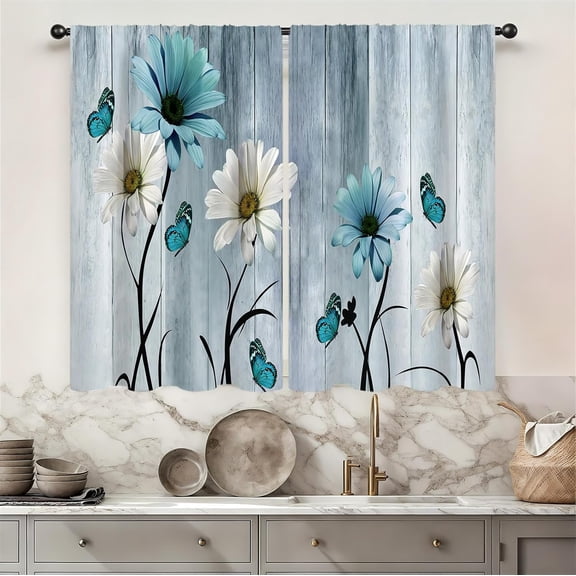 Farmhouse Flower Vintage Kitchen Curtains 27.5W X 39L Inch 2 Panel Rod Pocket Blue Floral Wooden Teal Aqua Daisy Country Retro Spring Small Short Cafe Tier Curtains Drapes Bathroom Home Decor