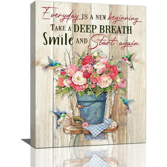 Farmhouse Flower Wall Art Country Motivational Canvas Prints Painting Rustic Hummingbirds Pictures Bathroom Decor Framed Floral Inspirational Artwork Home Decoration for Kitchen Dining Living Room