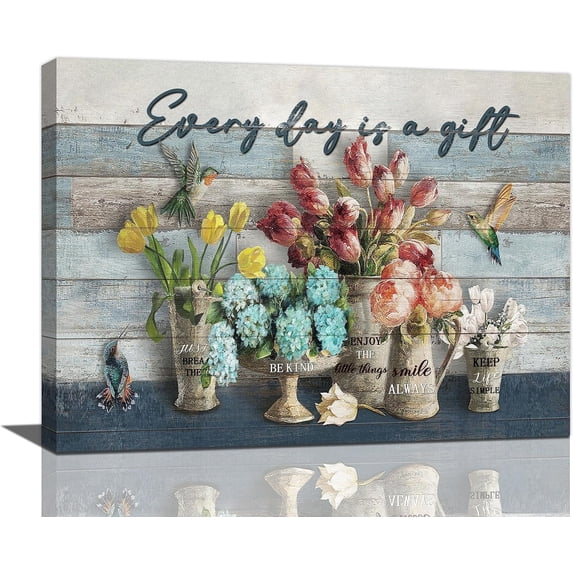 Farmhouse Flower Wall Art Floral in Vase Bathroom Pictures Wall Decor Rustic Kitchen Canvas Painting Hummingbird Decor Framed Artwork for Kitchen Dining Room Bathroom Bedroom Living Room 12"x16"