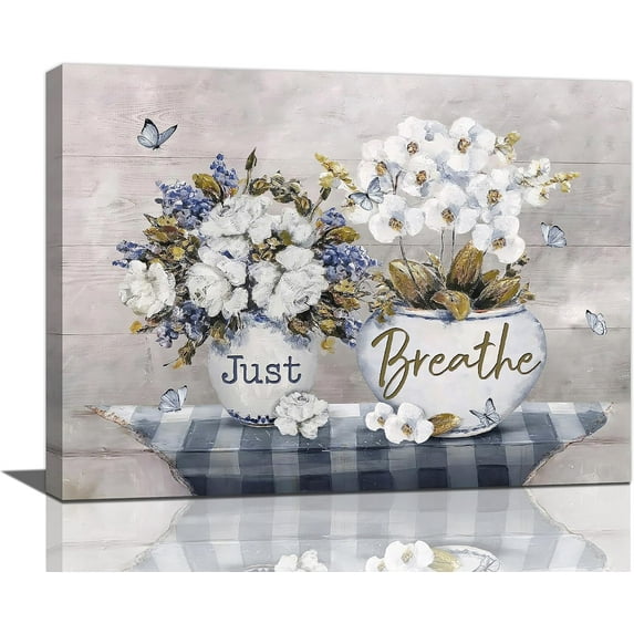 Farmhouse Flower Wall Art Floral in Vase Bathroom Pictures Wall Decor Rustic Kitchen Canvas Painting Just Breathe Decor Framed Artwork for Kitchen Dining Room Bathroom Bedroom Living Room 12"x16"