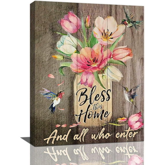 Farmhouse Flower Wall Art Flower Pictures Wall Decor in Vase Canvas Painting Print Hummingbird Artwork Modern Home Decor Framed for Living room Bedroom Bathroom 12"X16"