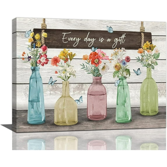 Farmhouse Flower Wall Art Rustic Colorful Floral in Bottle Wall Decor Every Day is A Gift Pictures Canvas Painting Prints Modern Artwork Home Decoration for Bathroom Bedroom Living Room 12"x16"