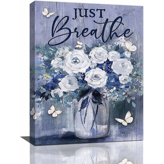 Farmhouse Flower Wall Art Rustic Floral Pictures Wall Decor Country Painting Just Breathe Canvas Prints Modern Home Artwork Framed Decor for Bathroom Bedroom Living Room 12"x16"