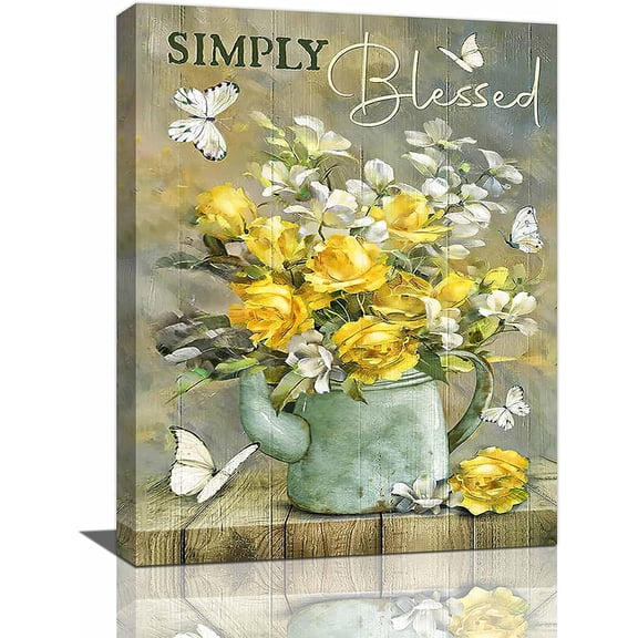 Farmhouse Flower Wall Art Rustic Yellow Floral Pictures Wall Decor Country White Flower Painting Canvas Prints Home Artwork Framed Decor for Kitchen Bathroom Bedroom Living Room,16'''' x 12''''