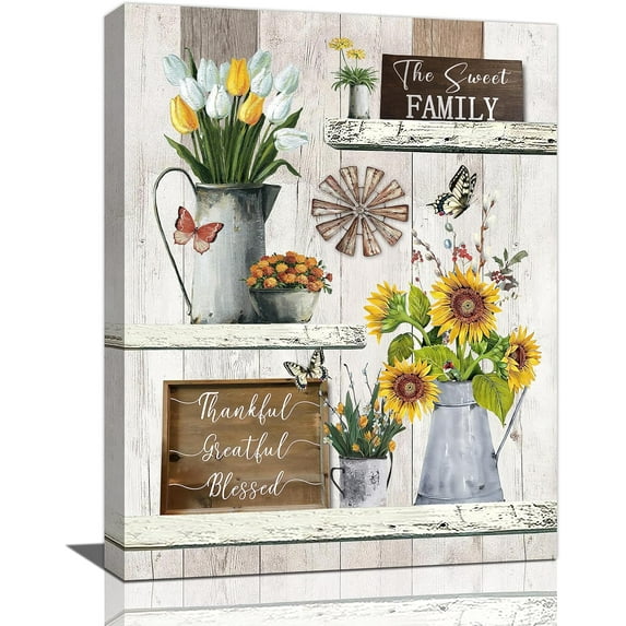 Farmhouse Flower Wall Decor Rustic Sunflower Tulip Pictures Wall Art Country Floral Butterfly Bathroom Decor Canvas Print Painting Framed Modern Home Artwork for Bedroom Kitchen Living Room 12"x16"