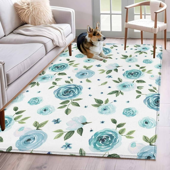 Farmhouse Flower Washable Area Rugs 3'x5', Country Light Blue Floral Leaf Texture Low Pile Throw Living Room Rug Non-Slip Sturdy Edge Binding Carpet for Indoor Entryway Bedside Kitchen