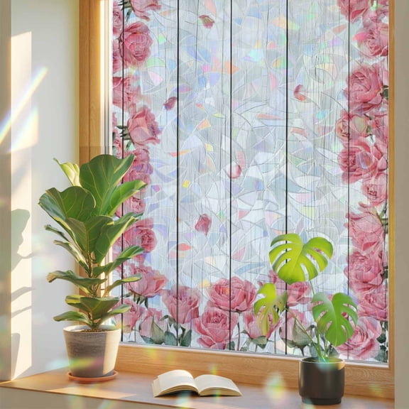 Farmhouse Flower Window Privacy Film, Pink Rose Wreath Rustic Country White Wood Grain Stained Glass Rainbow Film Decorative Window Clings, Static Cling Sun Blocking Stickers 17.7" x 39.3"