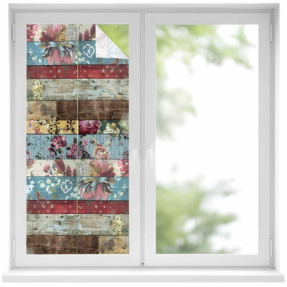 Farmhouse Flower Window Privacy Film Rustic Fall Flower Floral Wooden Decorative Glass Window Film UV Blocking Static Cling Non-Adhesive Sticker Covering for Home Door 17.7 x 39.3 inches