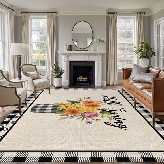 Farmhouse Flowers Area Rug 8x10 Washable Rug Non Slip Spring Watercolor Floral Leaf Black Plaid Large Area Rug Soft Stainresistant Indoor Floor Carpet for Living Room Bedroom Home Office Dining Room