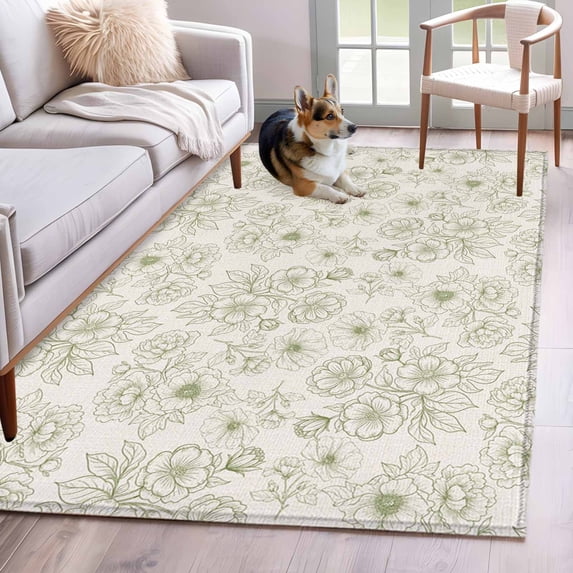 Farmhouse Flowers Area Rugs 4'x6', Washable Small Throw Rugs for Office Bathroom, Green Botanical Floral Patterned Indoor Outdoor Rug Non-Slip Low Pile Carpet Runner Reversible Floor Mats