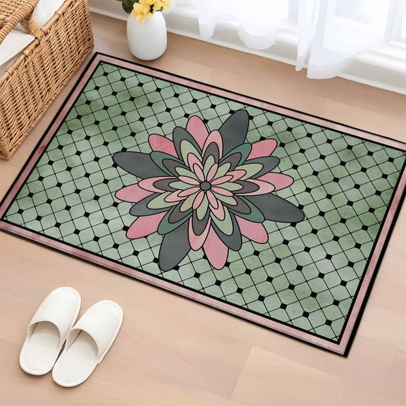 Farmhouse Flowers Bathroom Rug Washable 2x3 Entryway Rug Non Slip Ethnic Retro Abstract Pattern Lattice Front Door Mat Low Pile Indoor Doormat Throw Floor Carpet for Kitchen Bedroom Entrance