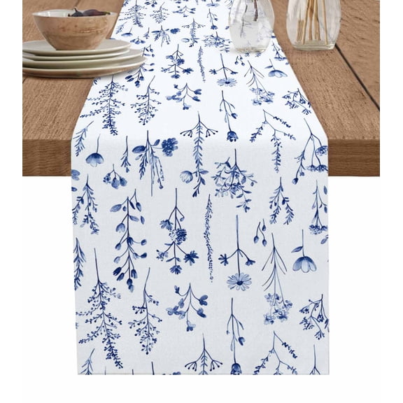 Farmhouse Flowers Burlap Cotton Table Runner 13x72 Inches Long, Simple Rustic Botanical Floral Herbs Farmhouse Table Runners, Outdoor Dining Tablecloths Decor for Baby Shower/Party/Wedding