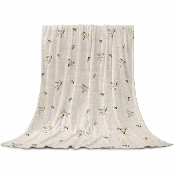 Farmhouse Flowers Flannel Blanket for Bed, Pastoral Botanical Burlap Soft Cozy Warm Couch Throw Blanket, Lightweight Fluffy Plush Bedding Blankets for Sofa Decor All Season 50"x60"
