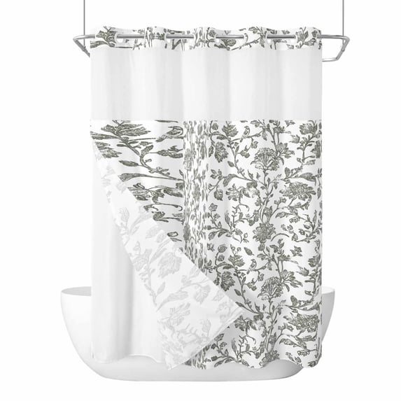 Farmhouse Flowers No Hook Shower Curtain Waterproof,Bathroom Curtains with Snap in Liners and See Through Top Window,Pastoral Vintage Leaf Spring Summer Hotel Style Bathtub Curtains Shower 72"Wx84"L