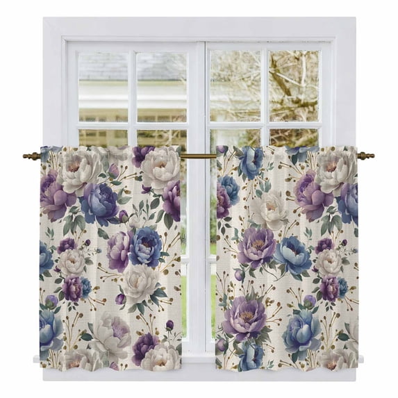 Farmhouse Flowers Kitchen Curtain for Berdoom Living Room Cafe 54 Inch Length, Botanical Purple Blue Floral Plants Tiers Curtains Light Filtering Drapes Rod Pocket Window Treatment 2 Panels 52"Wx54"L