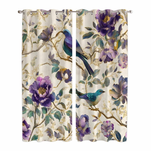 Farmhouse Flowers Kitchen Curtains 84 Inch Length, Country Spring Floral Branches Birds Grommet Top Bedroom Living Room Curtains, Light Filtering Cafe Curtain Drapes 2 Panels Set 84''x84''