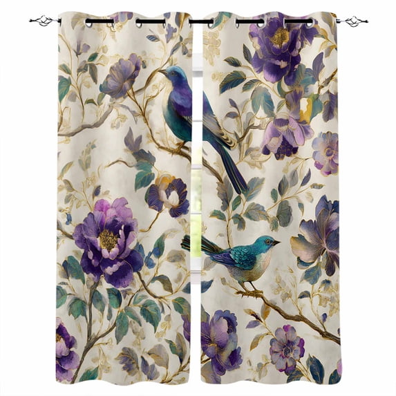 Farmhouse Flowers Kitchen Curtains Country Spring Floral Branches Birds Cafe Short Curtains for Bathroom Blackout Window Curtain Small Window Treatment Drapes for Bedroom Living Room 52"x45"x2