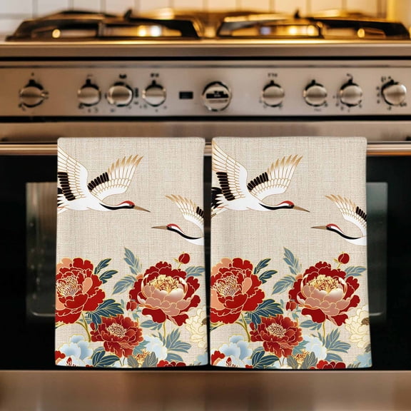 Farmhouse Flowers Kitchen Towels Set of 1, Japanese Style Peony Floral White Bird Absorbent Dish Towels for Kitchen, Microfiber Hand Towel, Quick Drying Tea Towel for Cleaning Decorative Dishcloths