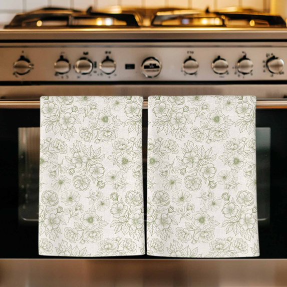 Farmhouse Flowers Kitchen Towels Set of 2, Green Botanical Floral Patterned Absorbent Dish Towels for Kitchen, Microfiber Hand Towel, Quick Drying Tea Towel for Cleaning Decorative Dishcloths