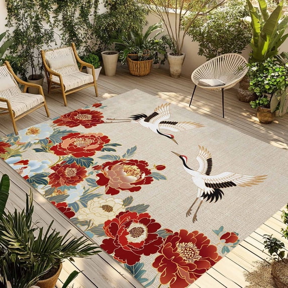 Farmhouse Flowers Outdoor Rug for Patio/Deck/Porch, Non-Slip Large Area Rug 3 x 5 Ft, Japanese Style Peony Floral White Bird Indoor Outdoor Rugs Washable Area Rugs, Camping Rug Carpet Runner