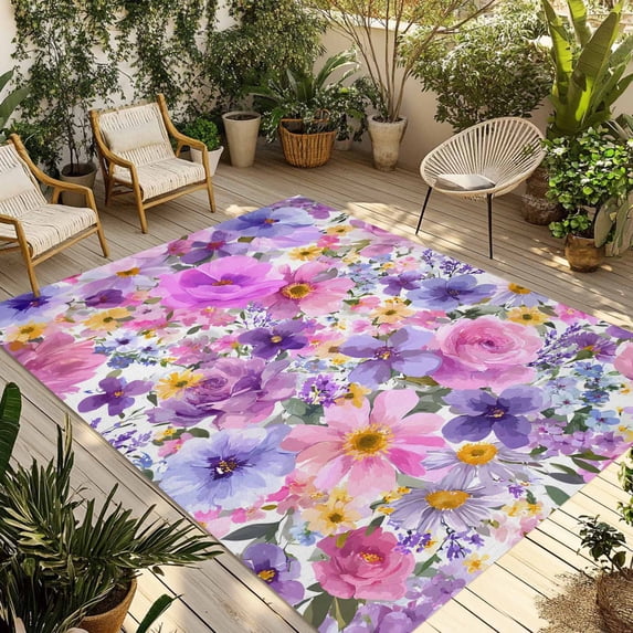 Farmhouse Flowers Outdoor Rug for Patio/Deck/Porch, Non-Slip Large Area Rug 6 x 9 Ft, Spring Watercolor Purple Pink Floral Indoor Outdoor Rugs Washable Area Rugs, Reversible Camping Rug Carpet Runner