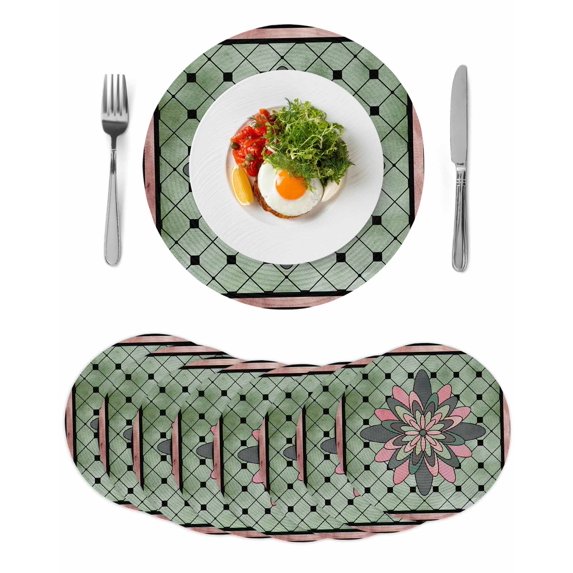 Farmhouse Flowers Round 13 Inch Placemats Set of 8, Ethnic Retro Abstract Pattern Lattice HeatResistant Non Slip Place Mats for Dining Table, Wipeable Braided Kitchen Table Mats for Housewarming