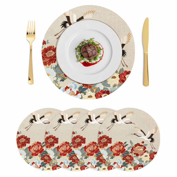 Farmhouse Flowers Round 15 Inch Placemats Set of 4, Japanese Style Peony Floral White Bird HeatResistant Non Slip Place Mats for Dining Table, Wipeable Braided Kitchen Table Mats for Housewarming