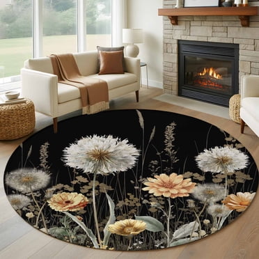 Black Spring Floral Round Area Rug 3.3Ft Washable Circle Rugs for ...