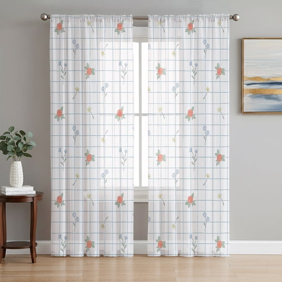 Farmhouse Flowers Sheer Curtains 63 Inch Length 2 Panels Set, Spring Floral Checkered Elegant Plaid Voile Window Treatment Rod Pocket Curtains Sheers Drapes for Bedroom/Living Room/Kitchen 52x"63"x2