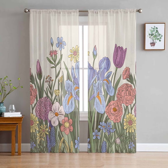 Farmhouse Flowers Sheer Curtains 63 Inches Length 2 Panels Set, Window Sheer Curtains for Living Room/Bedroom, Botanical Watercolor Wildflowers Herbs Light Filtering Rod Pocket Curtain 52''x63''x2