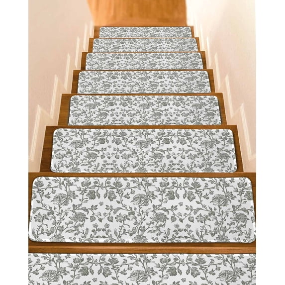 Farmhouse Flowers Stair Treads for Wooden Steps Indoor Runner Rug Carpet, Pastoral Vintage Leaf Spring Summer 7 Pieces Peel and Stick Staircase Step Treads Covers Washable Throw Door Mats, 30"x8"