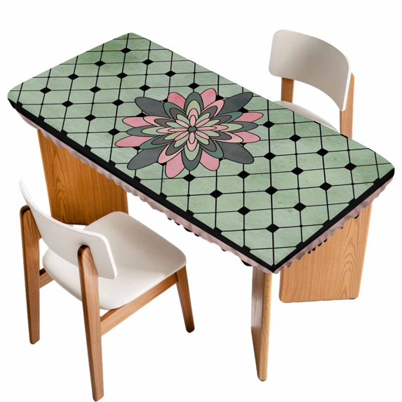 Farmhouse Flowers Table Cloths for 4 Foot Rectangle Tables, Ethnic Retro Abstract Pattern Lattice Patio Waterproof Elastic Fitted Tablecloths, Washable Rectangular Table Cover for Camping
