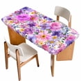 thumbnail image 1 of Farmhouse Flowers Table Cloths for 4 Foot Rectangle Tables, Spring Watercolor Purple Pink Floral Patio Waterproof Elastic Fitted Tablecloths, Washable Rectangular Table Cover for Camping, 1 of 8
